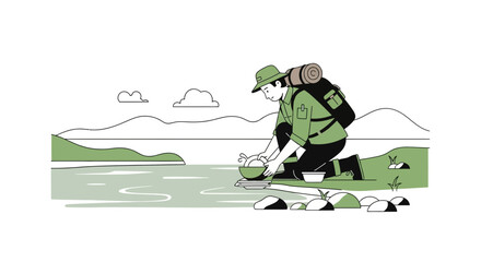 Backpacker Cleans Cookware On Scenic Waterside Adventure In Nature Camping