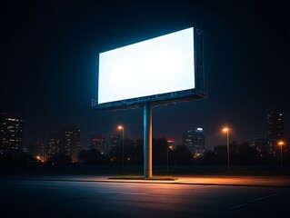 Brightly Lit Blank Billboard in a Dark Cityscape at Night