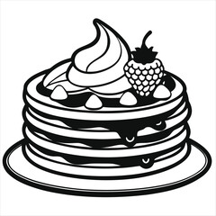Stylized illustration of a stack of pancakes with whipped cream and berries
