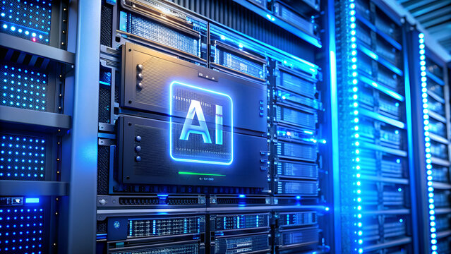 Glowing ai chip symbol illuminates a modern server rack with blue lights