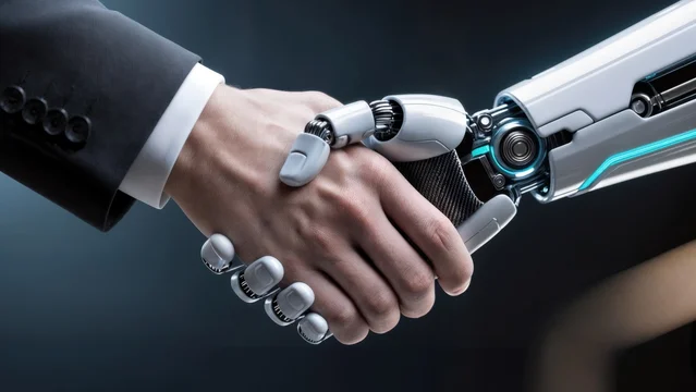Handshake Between Human and Robotic Arm on Dark Futuristic Background