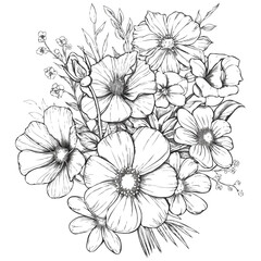 Exquisite Floral Arrangement Intricate Line Art Composition Depicting Various Blossoms and Botanical Elements Beautifully Rendered in Black and White
