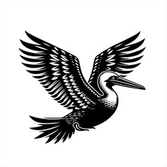 Obraz premium Stylized black and white pelican in flight