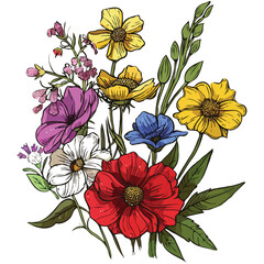 A Colorful Bouquet of Wildflowers Featuring Yellow Red Purple and White Blooms with Green Foliage