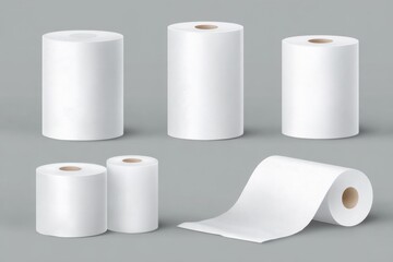White empty toilet paper rolls stand and lay. Realistic vector illustration set of template for wc or kitchen towel tape on tube for hygiene and care. Blank soft scroll loo bathroom product mockup