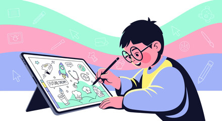 Fototapeta premium Boy Draws Future Dreams On Tablet Expressing Creativity And Imagination For A Better World