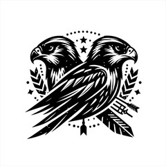 Two majestic eagles facing opposite directions with tribal elements