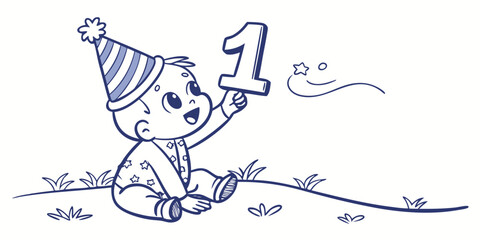 Celebrate a baby's first birthday milestone with this adorable illustration, perfect for invitations