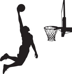 Black Silhouette of Basketball Player Jumping to Catch Lob Pass for Alley-Oop Dunk, Isolated on White Background © rs_studios