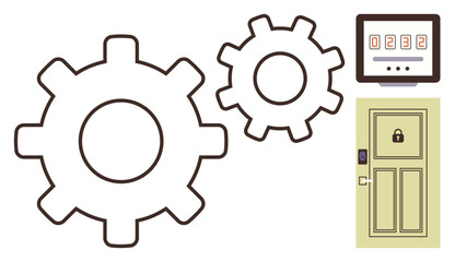 Two interlocking gears, locked door, and countdown screen combine to showcase teamwork, innovation, and critical thinking. Ideal for collaboration, strategy, puzzles, security concepts teamwork
