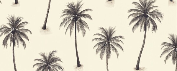 Obraz premium Seamless pattern illustration features palm trees against light cream background. Elegant sepia-toned design evokes tropical paradise, summer vacation vibes. Perfect for creating beach-themed decor,