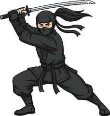 Cartoon Ninja with Katana — Black Outfit, Crouched Pose, Raised Sword, Masked Face, Combat-Ready Stance, Traditional Japanese Warrior © Fuad Creatives 