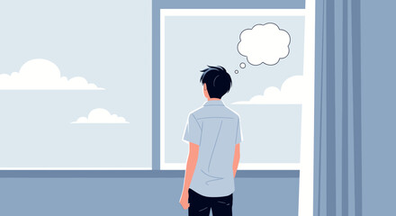 Boy Looking Through Window With Cloud Thought Bubble Above Head