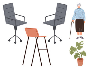 Elder woman holding a cane stands next to two office chairs, a high stool, and a leafy potted plant. Ideal for aging, accessibility, workplace, support, ergonomics, comfort and care simple flat