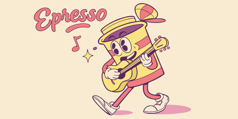 Obraz premium Groovy espresso cup character playing guitar, spreading musical joy with retro cartoon charm, fun design