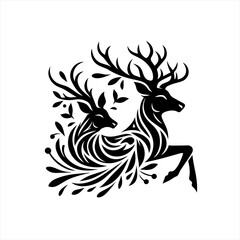 Obraz premium Elegant black and white silhouette of two deer with ornate floral patterns