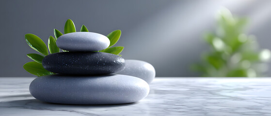 Spa stones on grey marble table creating serene atmosphere