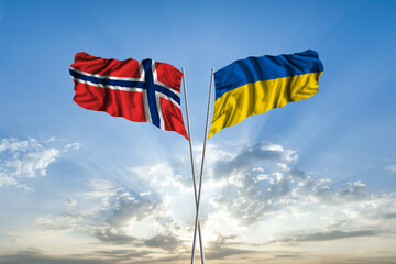 Waving National flag of Ukraine and flag of Norway for international unity