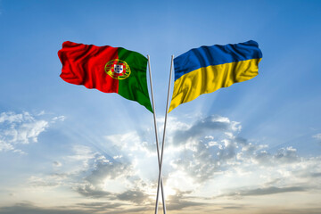 Waving National flag of Ukraine and flag of Portugal for international unity