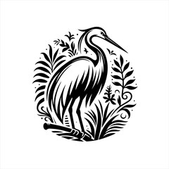 Elegant heron bird illustration in a naturalistic circle design