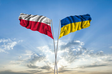 Waving National flag of Ukraine and flag of Poland for international unity
