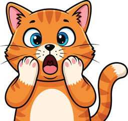 Surprised Cartoon Orange Tabby Cat — Blue-Eyed Cat with Raised Paws, Open Mouth, White Belly, Pink Ears, Striped Tail