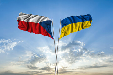 Waving National flag of Ukraine and flag of Czech for international unity