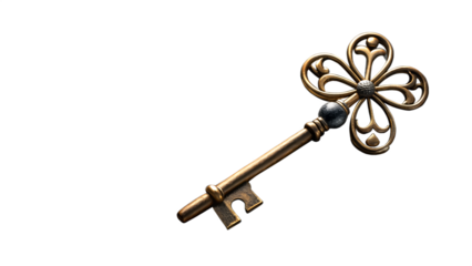 Antique ornate metal key with a clovershaped head, isolated on transparent background