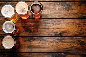 Variety of craft beer glasses arranged diagonally on rustic wood table with empty space, ideal for brewery ads, pub posters, beverage banners, and promotional layouts