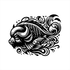 Tribal style buffalo and fish illustration with water elements