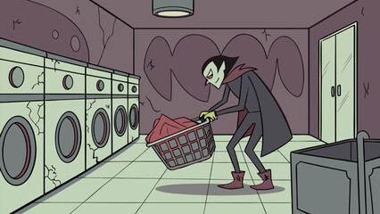 A cartoon vampire with green skin and a cape is doing laundry in a rundown laundromat pushing a basket of clothes