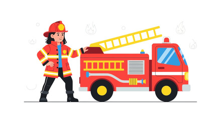 Brave Firefighter Beside Her Truck Prepared For an Emergency Call