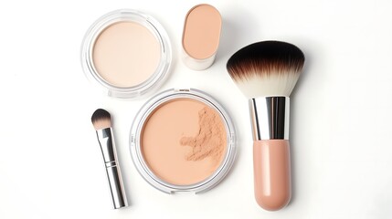A clean beauty set with a natural foundation, clear lip gloss, and a soft powder brush, arranged symmetrically on a white background. Full frame .