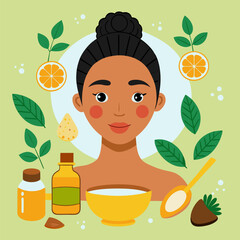 Dark skinned woman with a bun. demonstrating a natural skincare routine with organic ingredients. Smiling. serene. and surrounded by fresh citrus fruit. leaves. and natural beauty products.