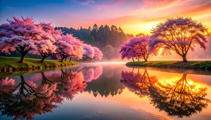 Obraz premium Blossom Trees Reflecting in Lake Water at Sunrise