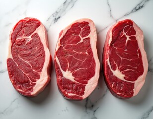Three marbled beef steaks presented on white marble surface. Cut rich red meat with prominent white fat marbling, indicating premium quality, tenderness. Raw beef portions ideal culinary ingredients