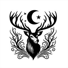 Majestic deer with ornate antlers moon and stars