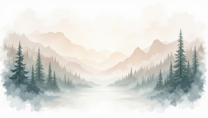 Fototapeta premium Misty mountain landscape, enchanting scenery of pine trees and fog misty