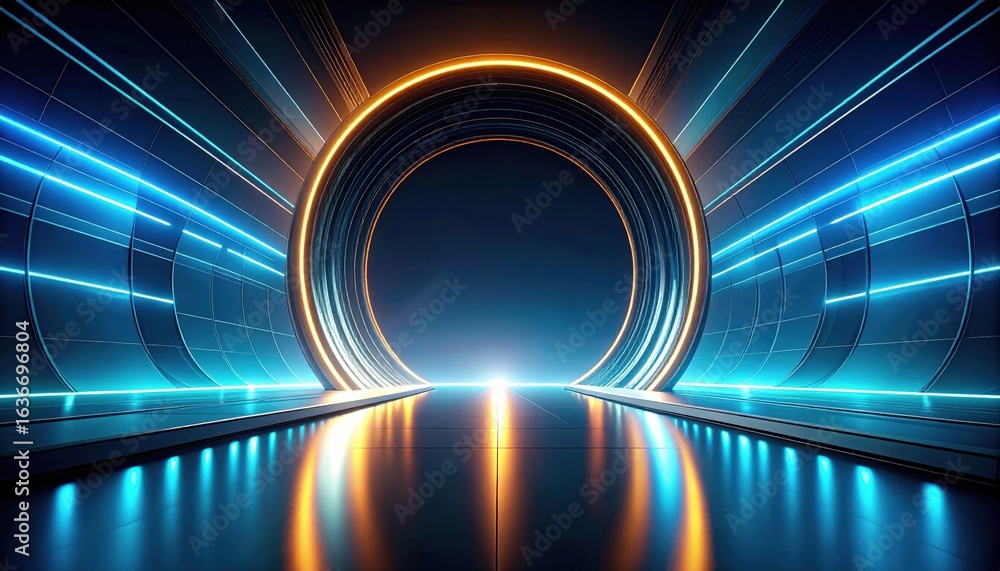 Poster dynamic light tunnel experience futuristic setting digital art high-tech environment wide angle view