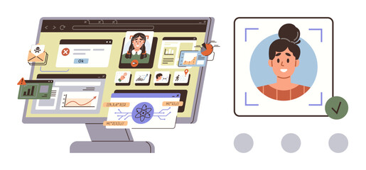 Computer screen displaying data analysis, charts, notifications, email, and identity verification alongside a face recognition process. Ideal for technology, cybersecurity, biometrics, AI identity