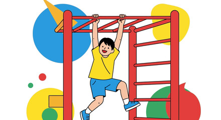 Cartoon Boy Exercising On Jungle Gym Equipment In Colorful Playground Setting