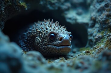 Fototapeta premium A spiny moray eel with jagged teeth and patterned skin emerging from rocky crevices. Generative AI