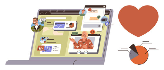 Laptop screen displaying team video call, analytics dashboard, messages, pie charts, and avatars. Ideal for teamwork, remote work, collaboration, online learning digital marketing data analysis