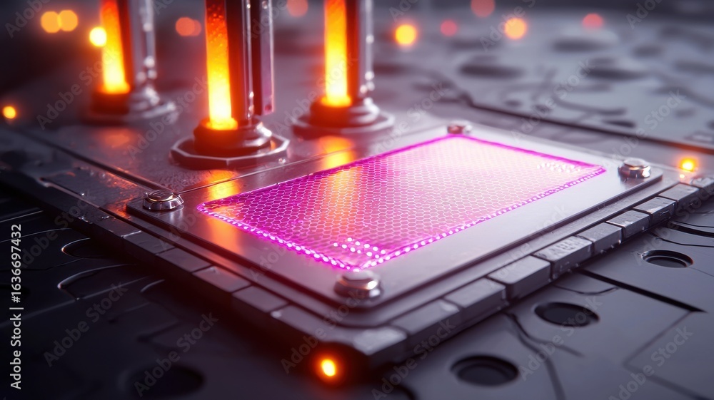 Poster a close-up view of a futuristic circuit board featuring glowing elements and vibrant colors, showcas