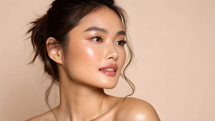 Portrait of a beautiful Asian woman with glowing skin, looking off to the side with a soft expression.