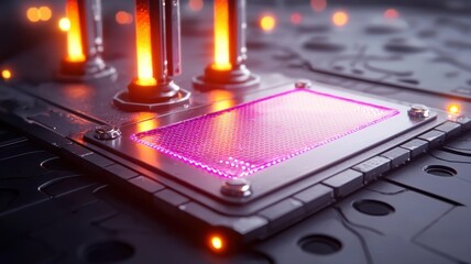A close-up view of a futuristic circuit board featuring glowing elements and vibrant colors, showcasing advanced technology in a sleek design.