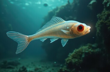 Naklejka premium A ghostly pale oarfish with red dorsal fin and oversized eye floating near sunken wreckage. Generative AI