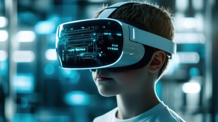 A boy wearing a virtual reality headset experiences an immersive digital environment in a futuristic setting.