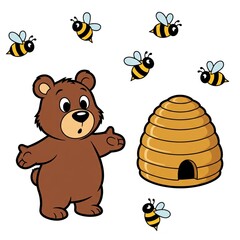 Obraz premium Cartoon bear surprised by buzzing bees near honey hive 