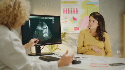 Gynecologist showing ultrasound scan to pregnant woman in clinic